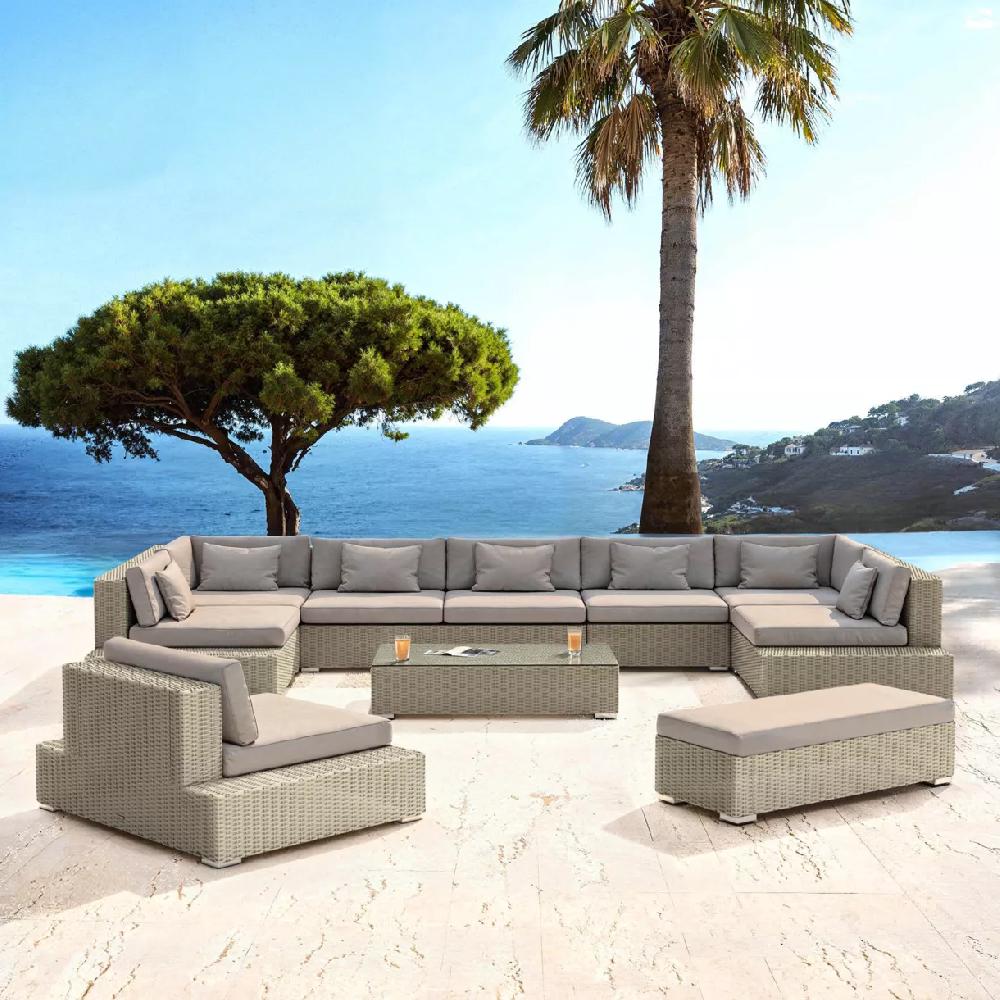 eminza Salon de jardin en résine tressée 9 places 9 pcs Palma Gris et taupe