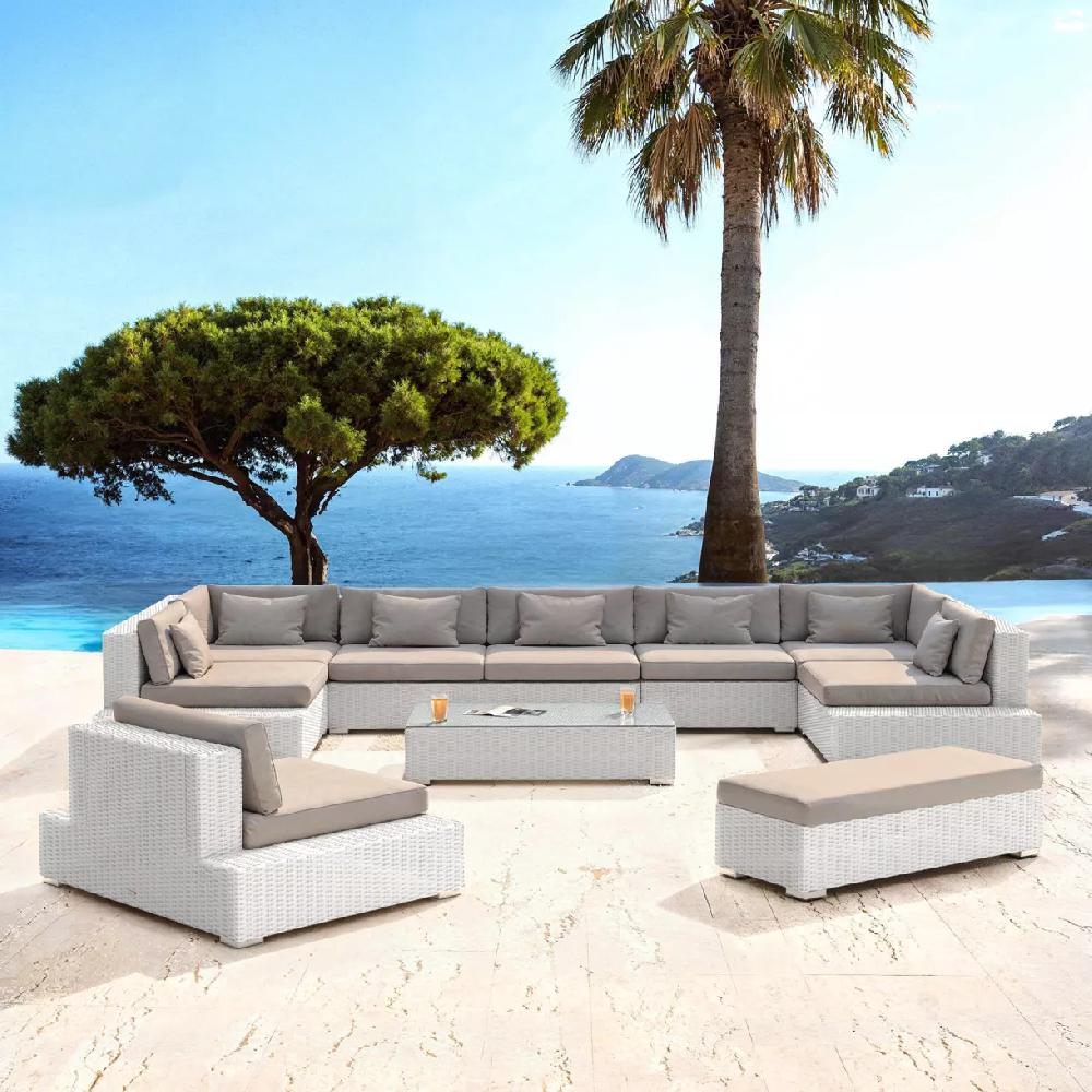 eminza Salon de jardin en résine tressée 9 places 9 pcs Palma Blanc et taupe