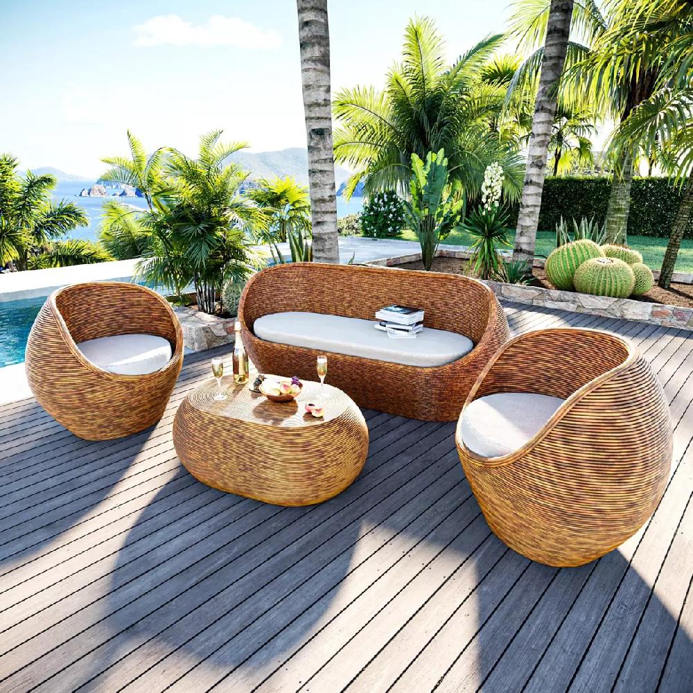 eminza Salon de jardin en rotin 5 places Trinidad Naturel beige