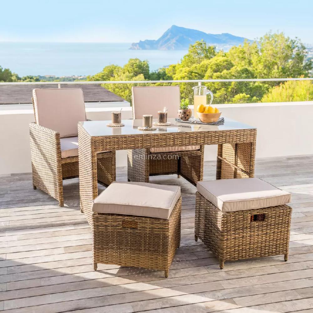 eminza Salon de jardin encastrable résine tressée 4 places Menorca Sépia et beige