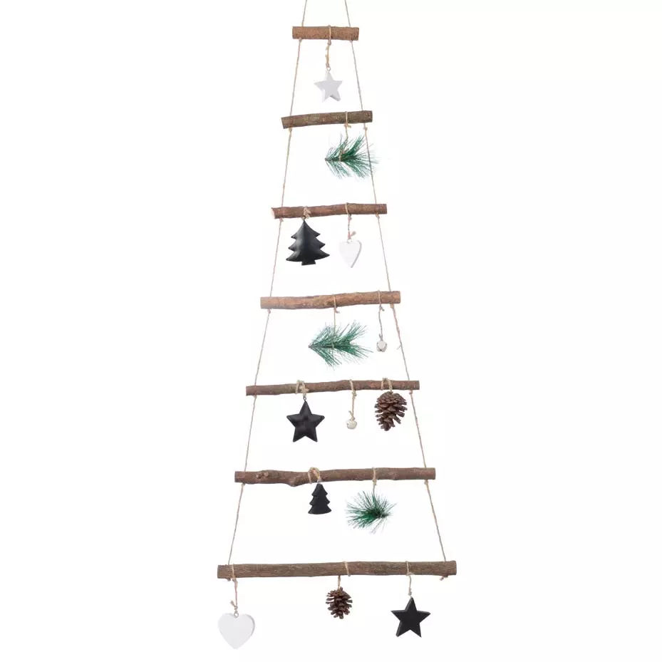 eminza Sapin à suspendre en bois (H90 cm) Naturel Décoré