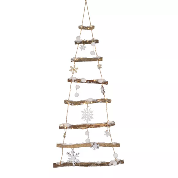 Eminza Sapin à Suspendre En Bois Illuminé à Piles (H100 Cm) Flocons Blanc Chaud