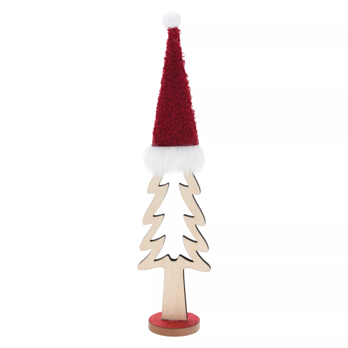 eminza Sapin de Noël en bois à poser (H33 cm) Bonnet Rouge