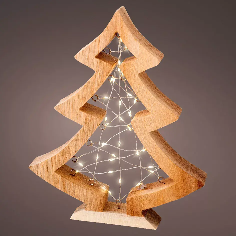 eminza Sapin lumineux à piles 36 LED (H27 cm) Astre en bois Blanc chaud