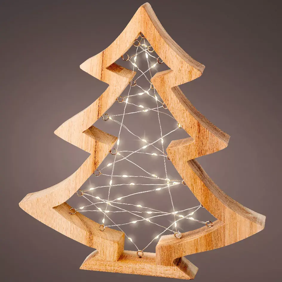 eminza Sapin lumineux à piles 47 LED (H32 cm) Astre en bois Blanc chaud