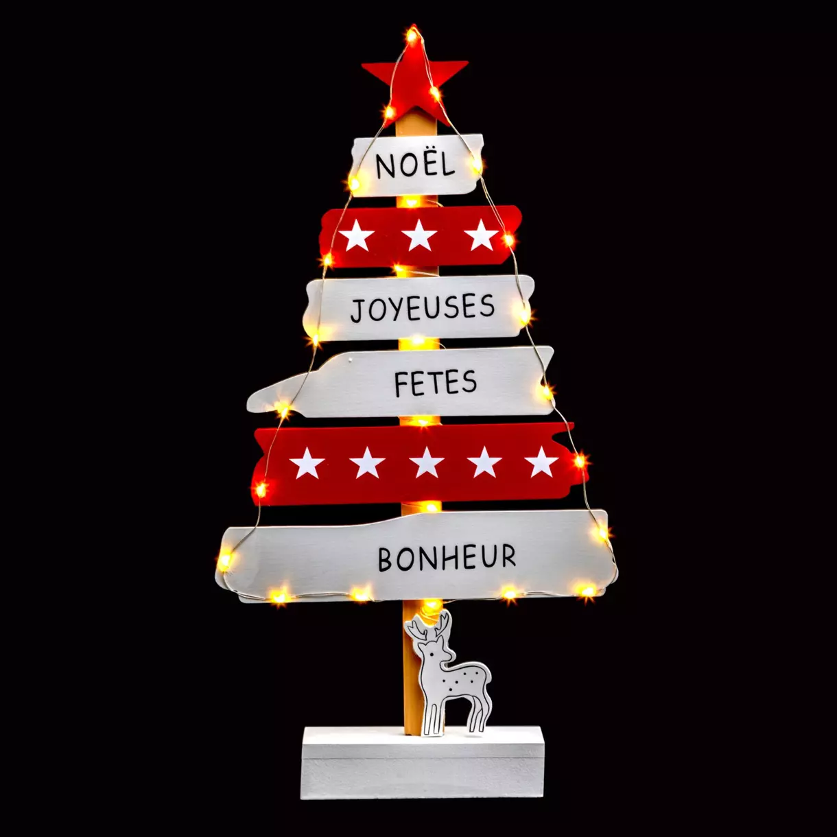 eminza Sapin lumineux en bois à piles (H50 cm) Blanc chaud