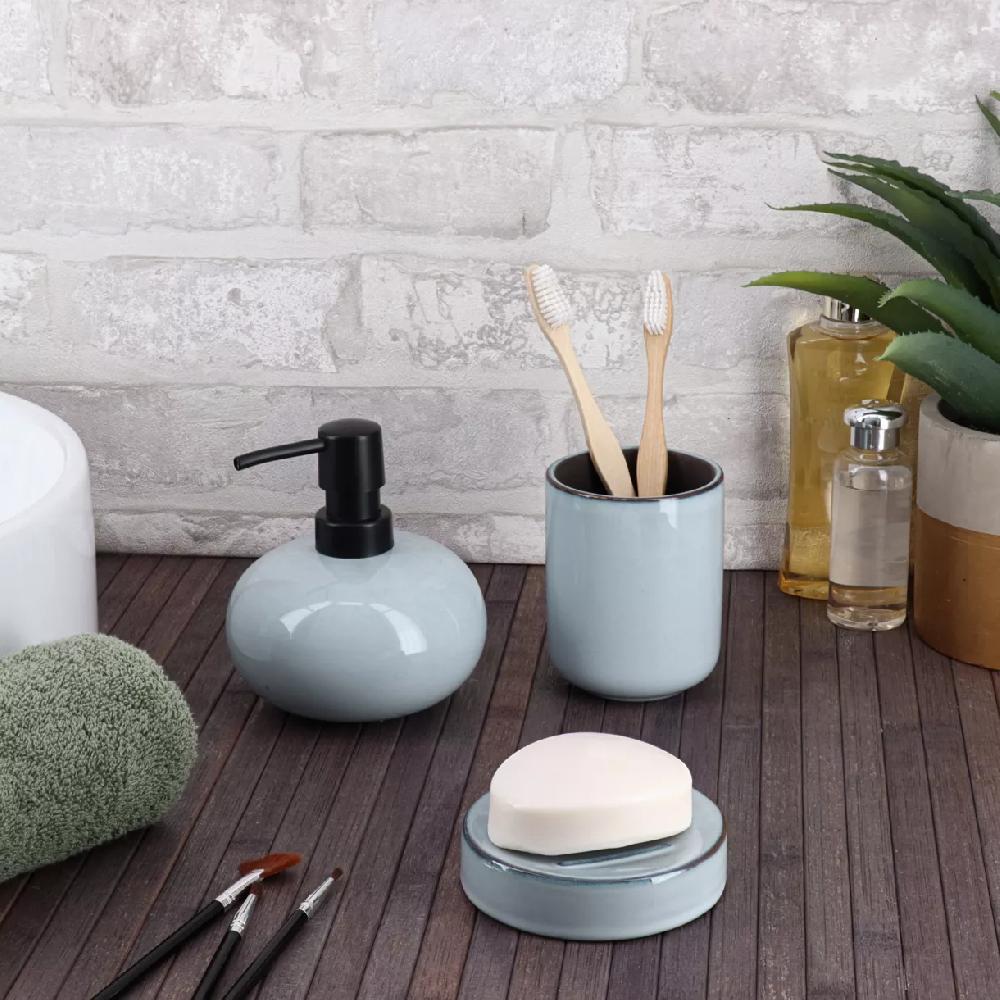 eminza Set d'accessoires salle de bain grès laqué Pietra Bleu
