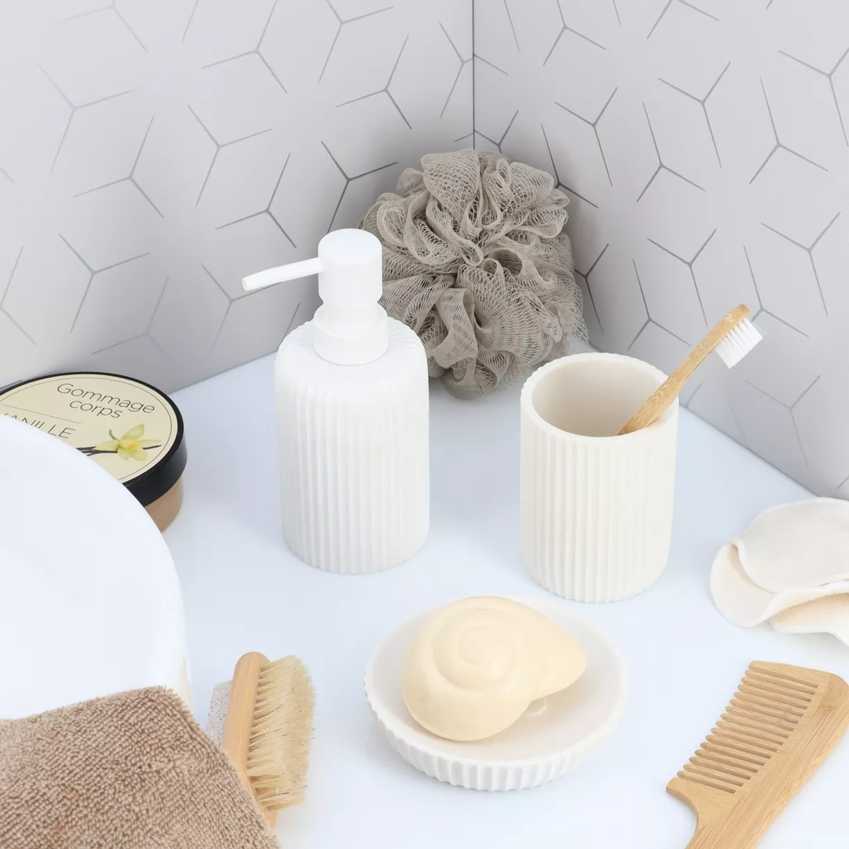 eminza Set d'accessoires salle de bain résine Strié Blanc