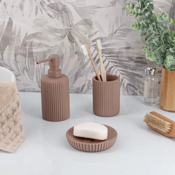 Eminza Set D'accessoires Salle De Bain Résine Strié Cappuccino