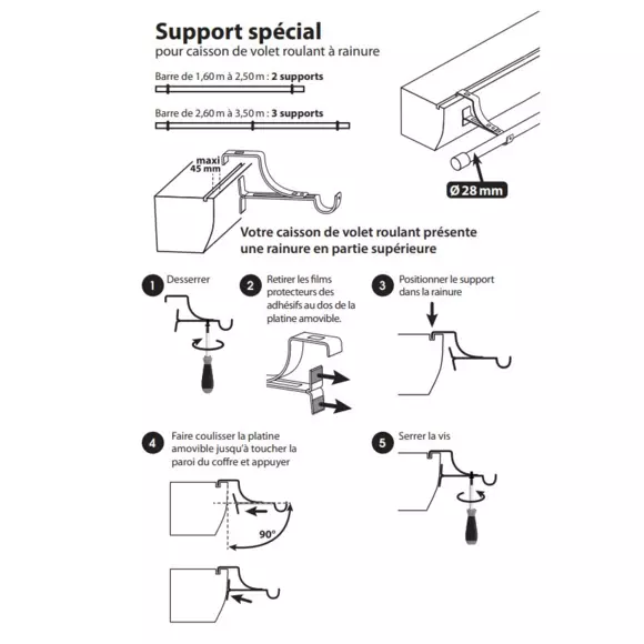 Eminza Support à Tringle Pour Caisson De Volet Roulant (L135 / D28 Mm) Blanc Satiné