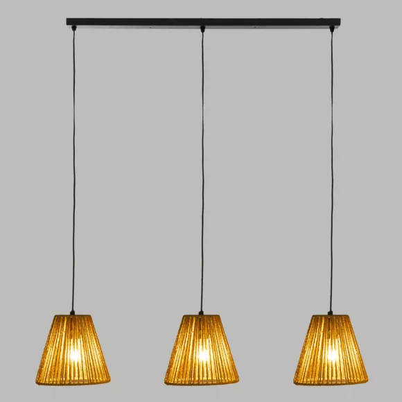 Eminza Suspension Corde 3 Abat-jours (77 Cm) Giada Naturel Et Noir
