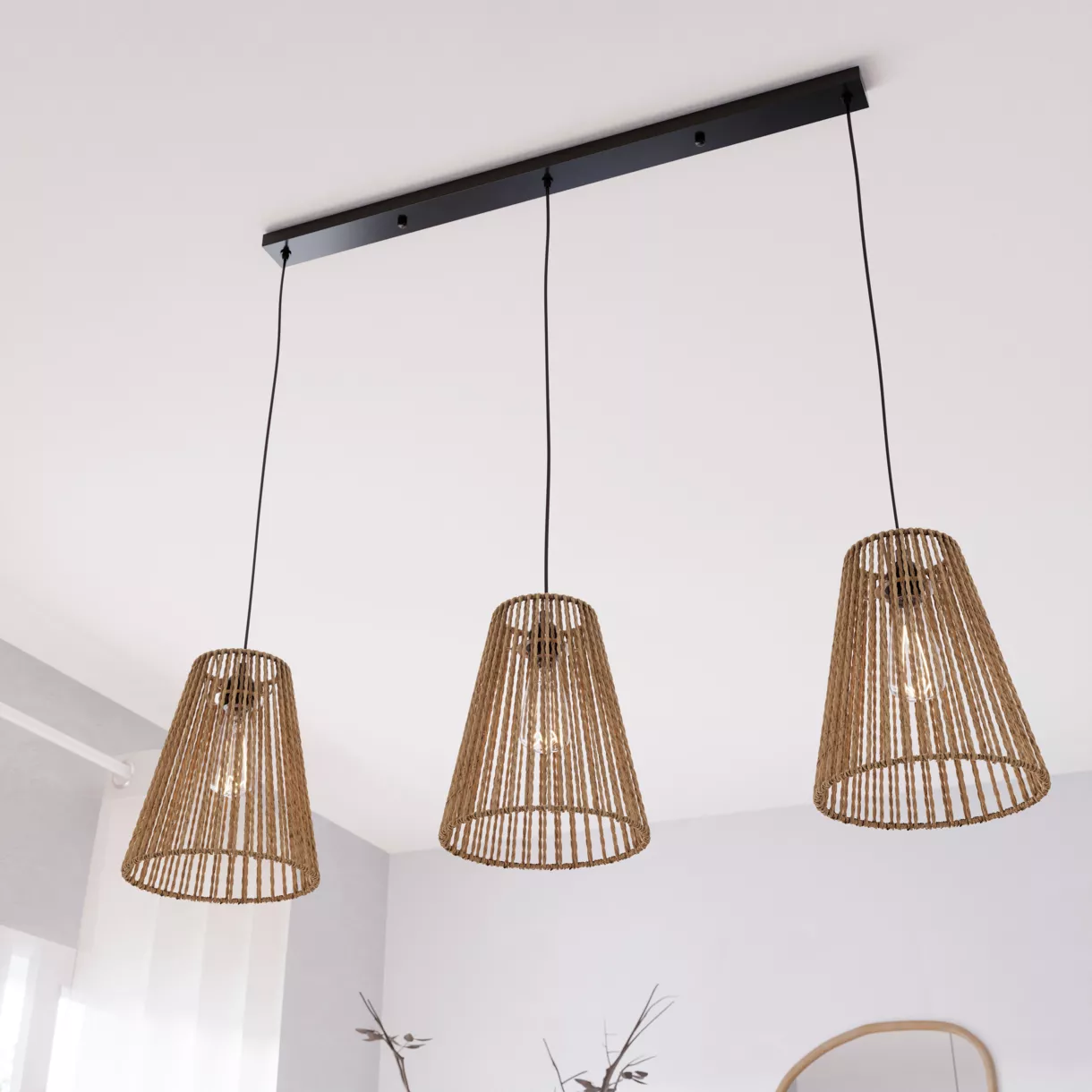 eminza Suspension corde 3 abat-jours (77 cm) Giada Naturel et noir