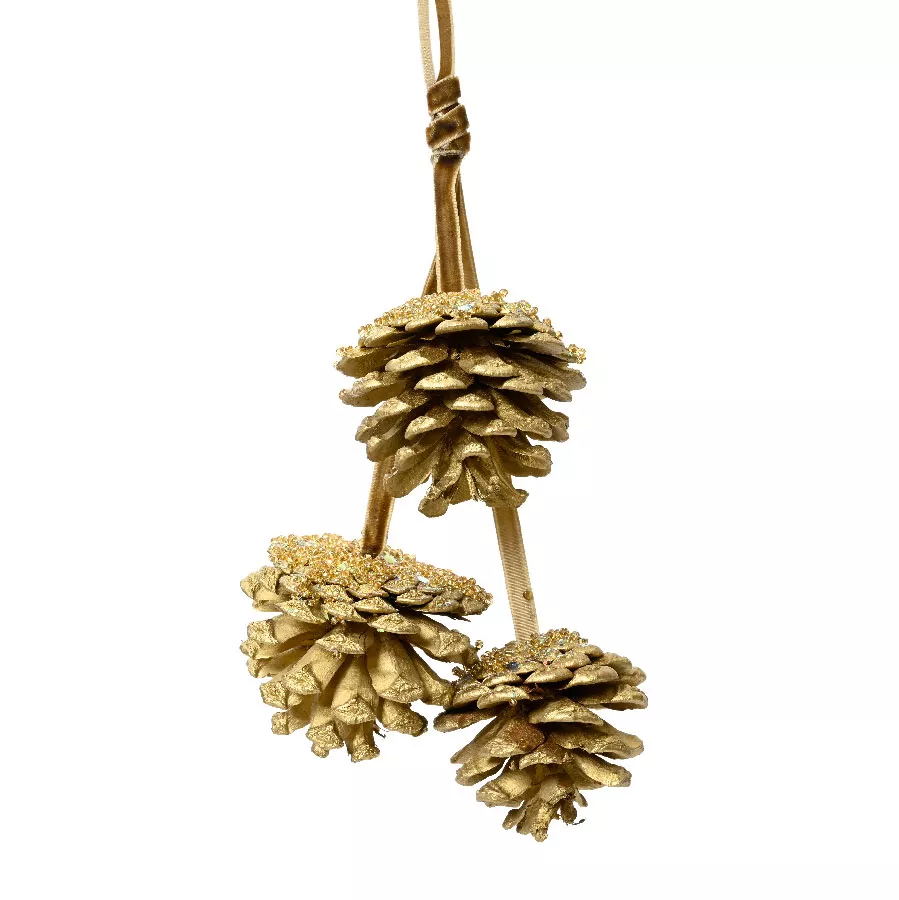 eminza Suspension de 3 pommes de pin (H25 cm) Perlée Dorée