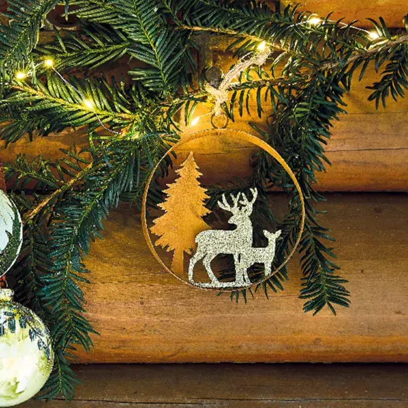 Eminza Suspension De Noël (D12 Cm) Cerf Des Forêts Or Pailleté