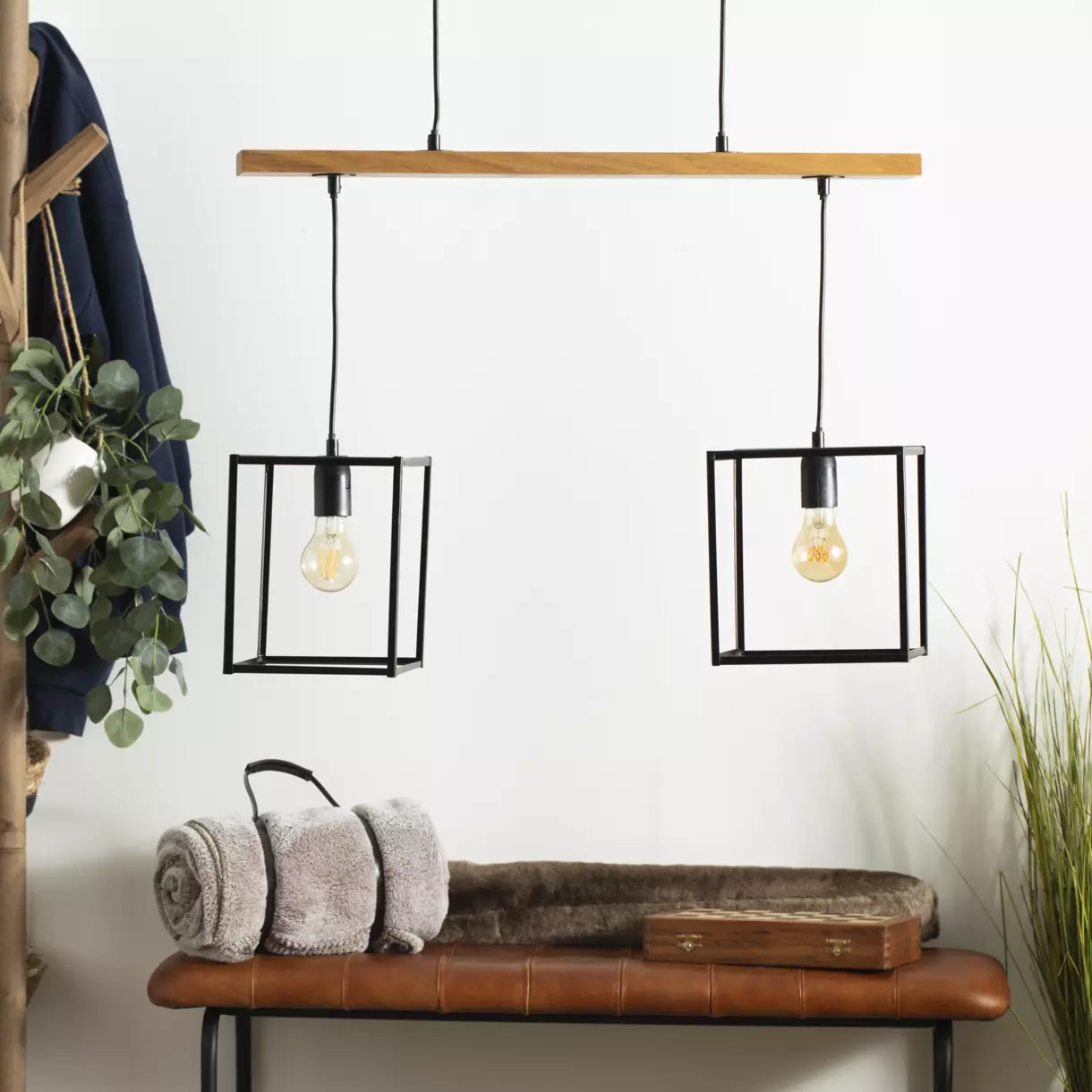 eminza Suspension lumineuse bois acacia (L70 x H120 cm) Edena Noir