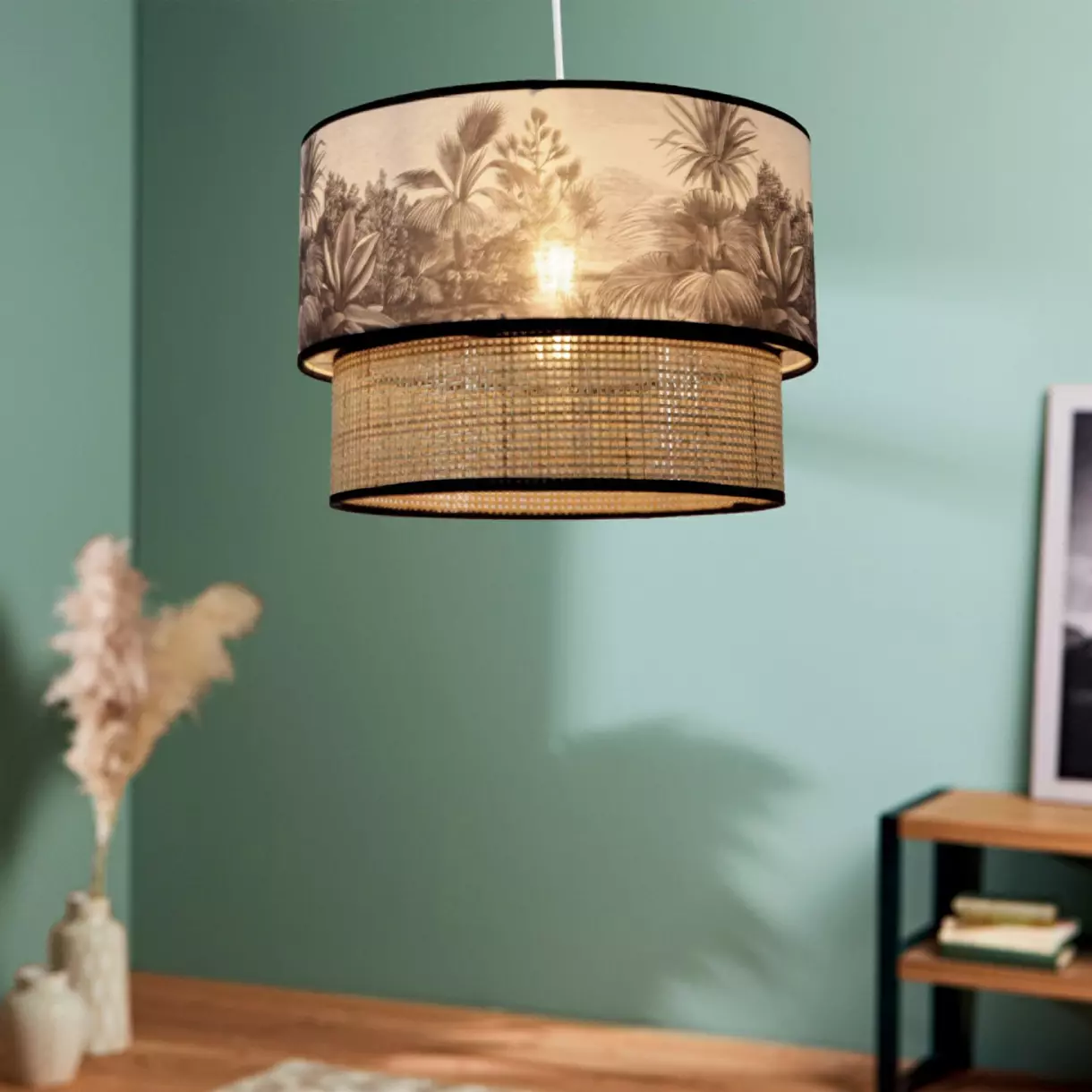 eminza Suspension lumineuse en rotin double (D35 cm) Ombrage Noir et naturel
