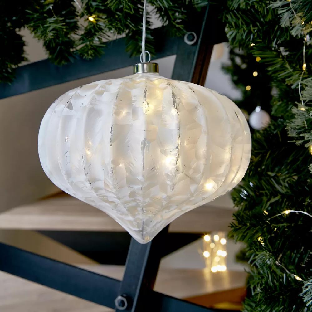 eminza Suspension lumineuse en verre à piles 15 LED (D20 cm) Oignon Glacé Blanc chaud