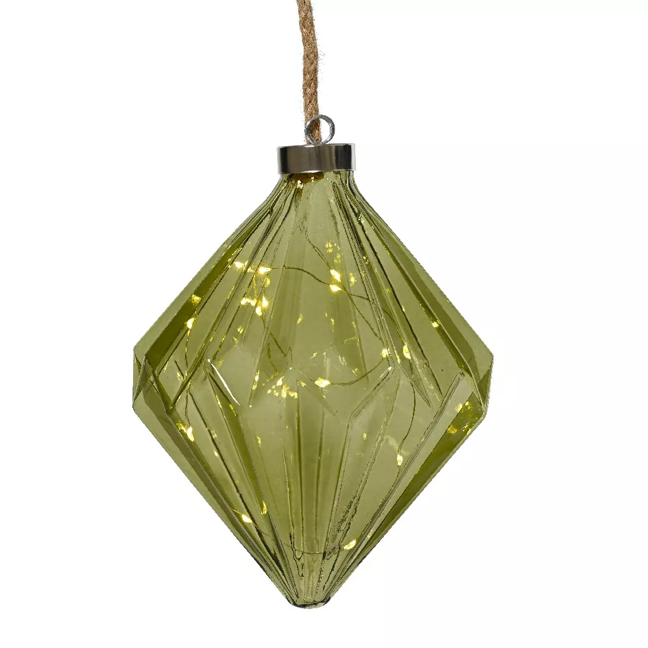 eminza Suspension lumineuse en verre à piles 15 LED (H20 cm) Diamant Thé vert