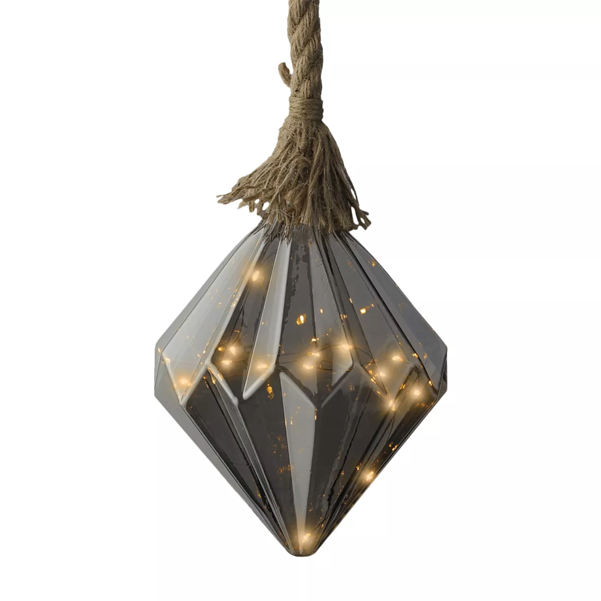 eminza Suspension lumineuse en verre à piles 15 LED (H20 cm) Diamant Gris/blanc chaud