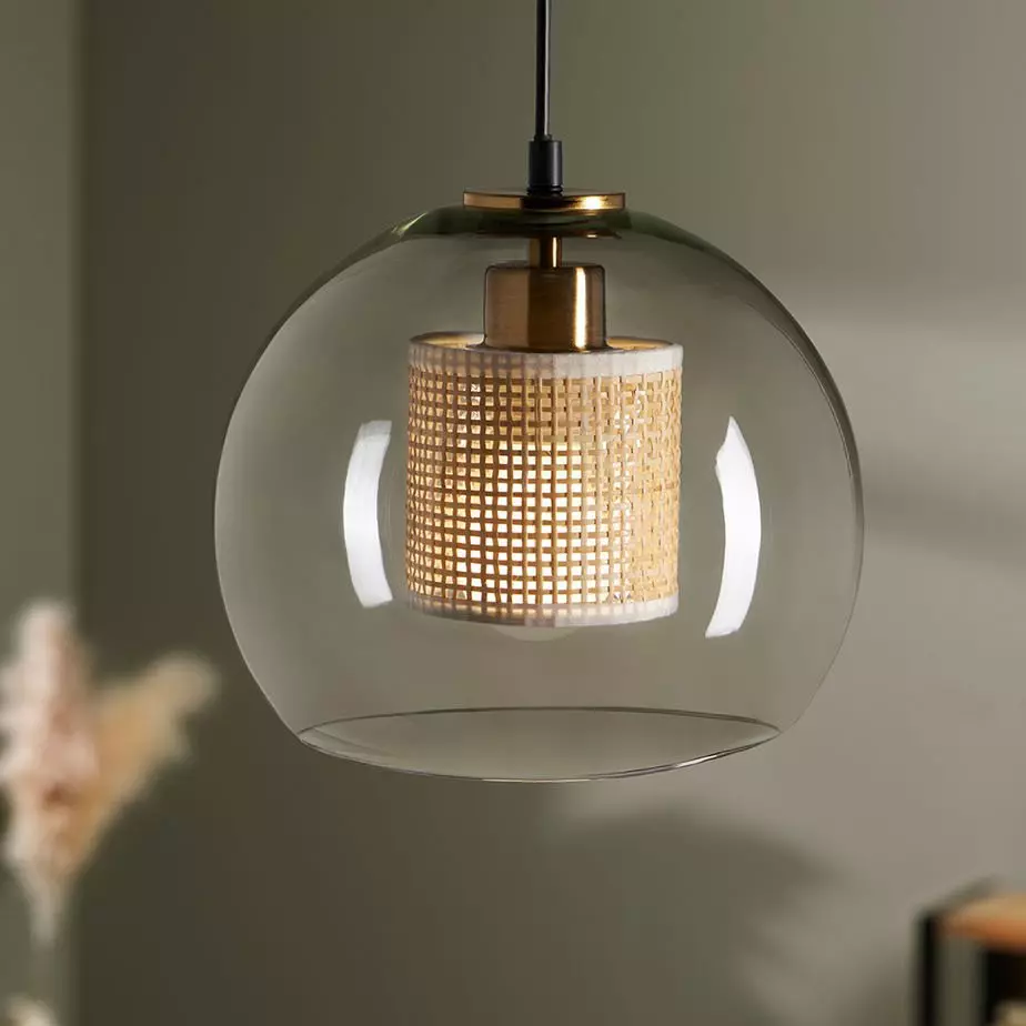 eminza Suspension lumineuse en verre et cannage (D25 cm) Sicilia Beige