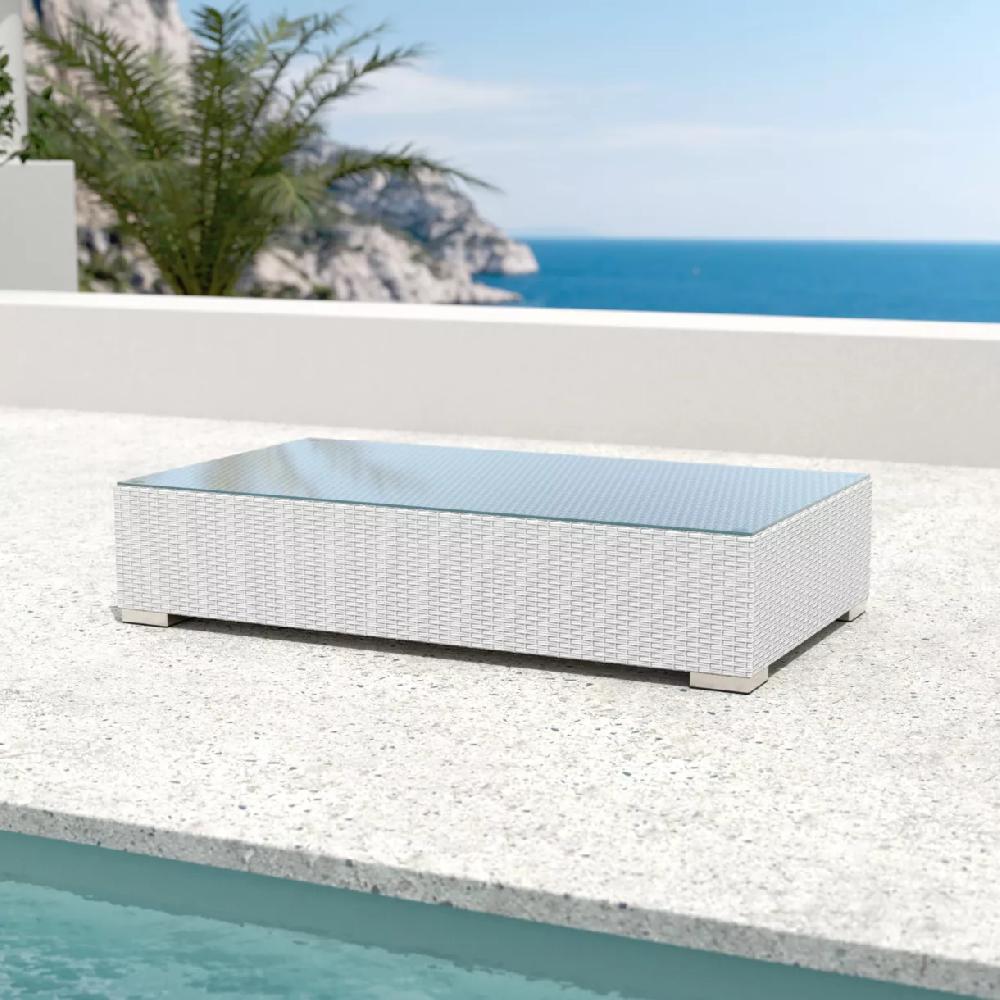 eminza Table basse de jardin rectangulaire en résine tressée Palma Blanc