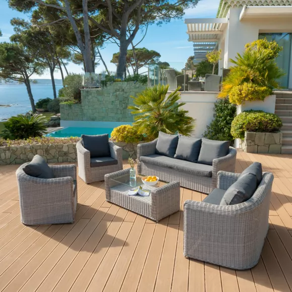Eminza Table Basse De Jardin Rectangulaire Résine Tressée Calvi Gris