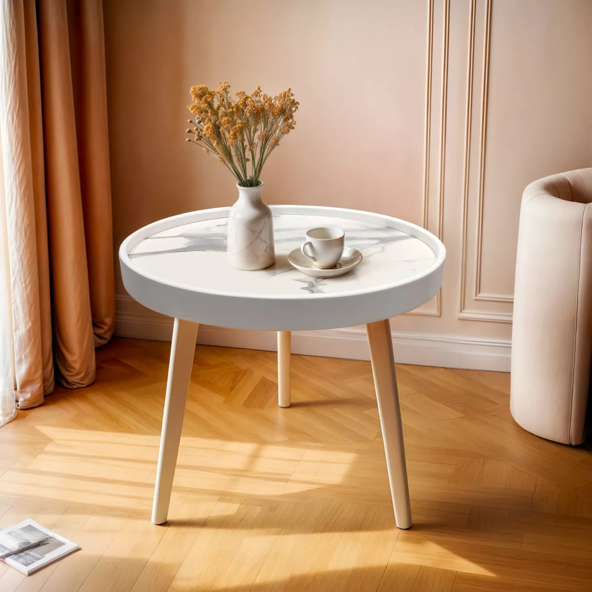 eminza Table basse ronde effet marbre (H43 cm) Déa Blanc