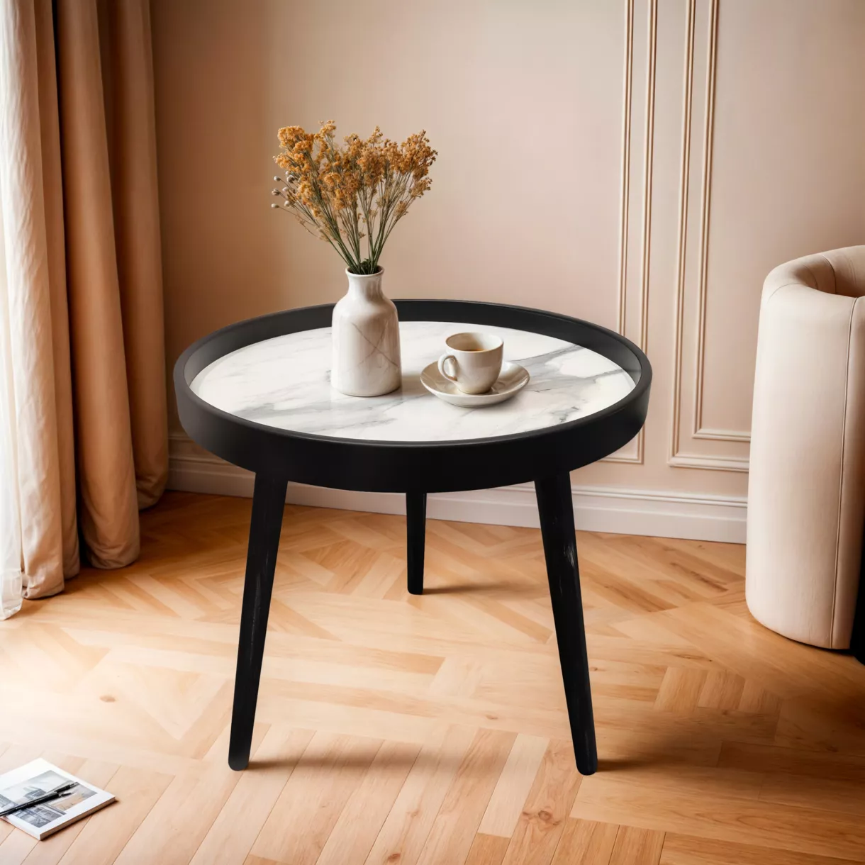 eminza Table basse ronde effet marbre (H43 cm) Déa Noir