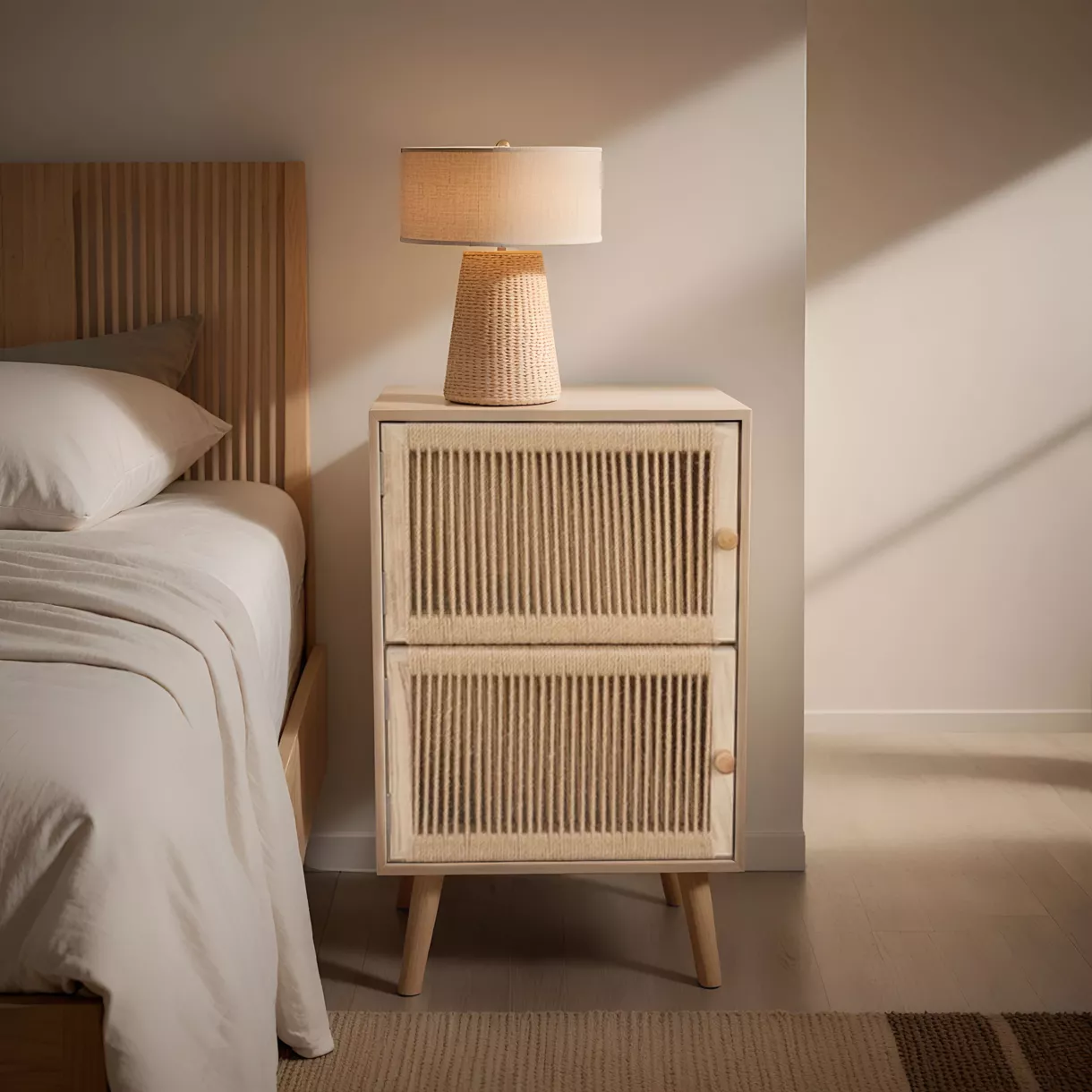 eminza Table d'appoint bois et corde de chanvre (H65 cm) Double Manille Beige