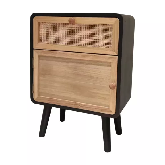 Eminza Table De Chevet Bois Et Cannage (40 X H55 Cm) Osaka Noir Et Bois