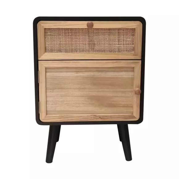 Eminza Table De Chevet Bois Et Cannage (40 X H55 Cm) Osaka Noir Et Bois