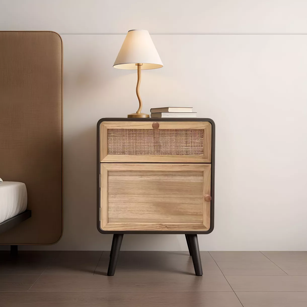 eminza Table de chevet bois et cannage (40 x H55 cm) Osaka Noir et bois