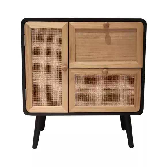 Eminza Table De Chevet Bois Et Cannage (50 X H55 Cm) Osaka Noir Et Bois