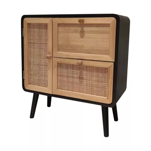 Eminza Table De Chevet Bois Et Cannage (50 X H55 Cm) Osaka Noir Et Bois