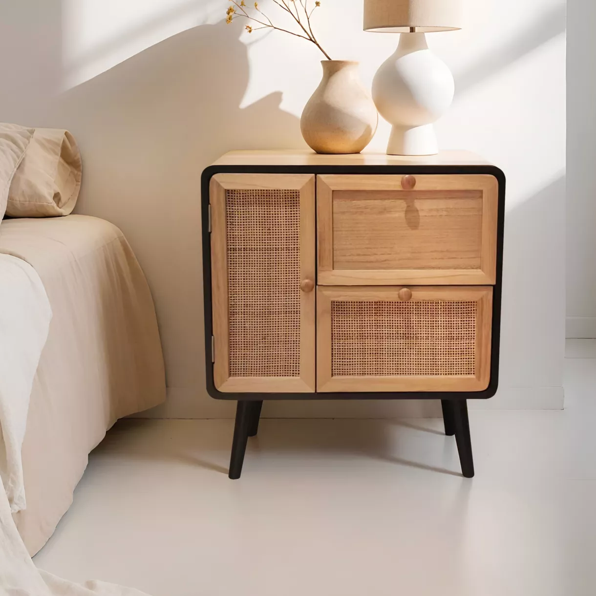 eminza Table de chevet bois et cannage (50 x H55 cm) Osaka Noir et bois