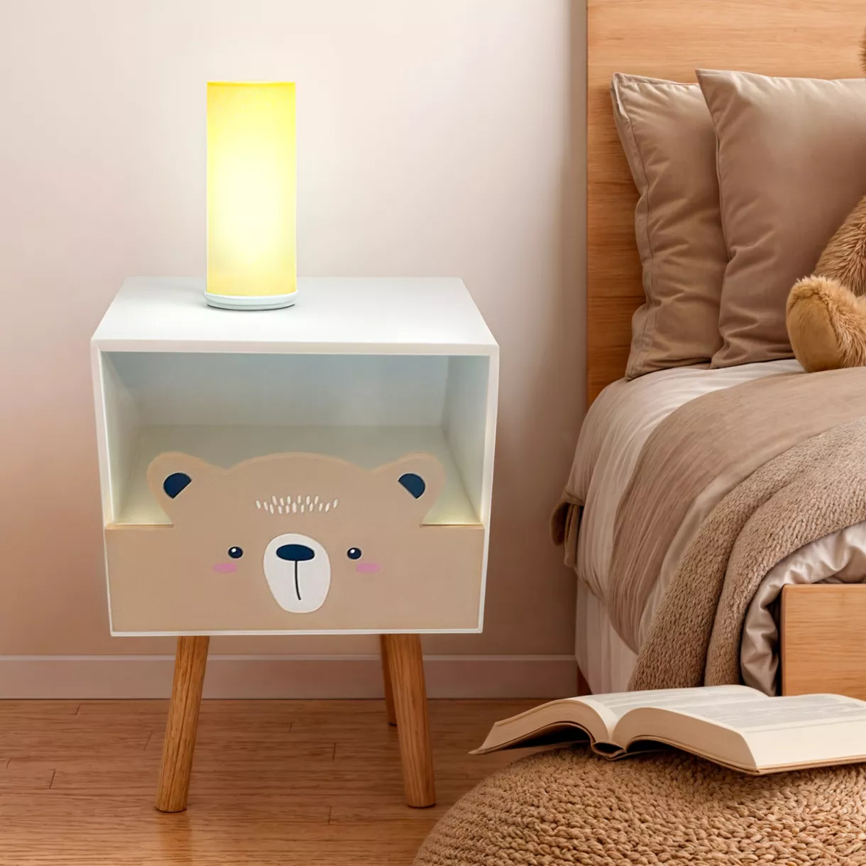 eminza Table de chevet enfant bois (H45 cm) Ourson Marron
