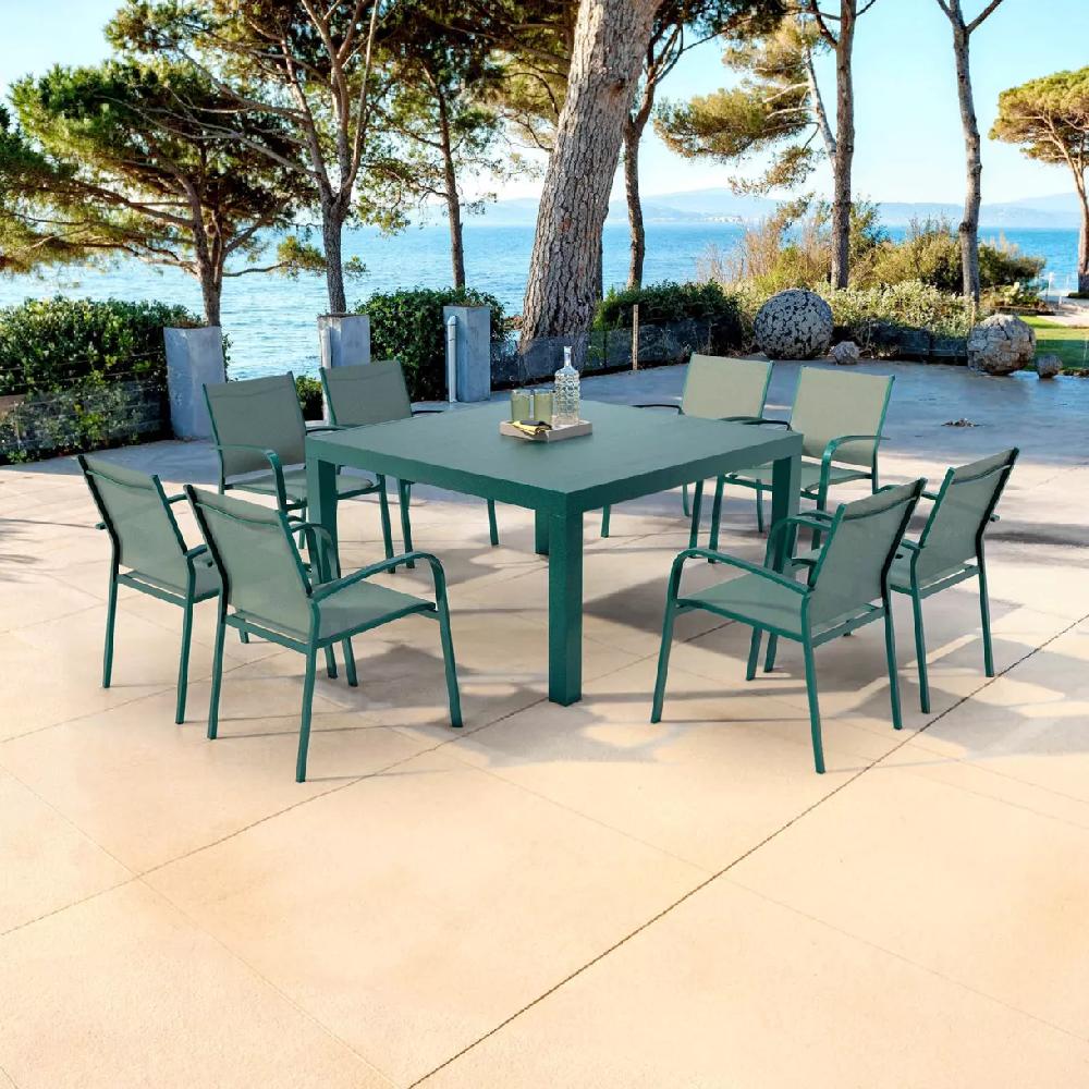 eminza Table de jardin carrée aluminium 8 places (136 x 136 cm) Murano Bleu pétrole