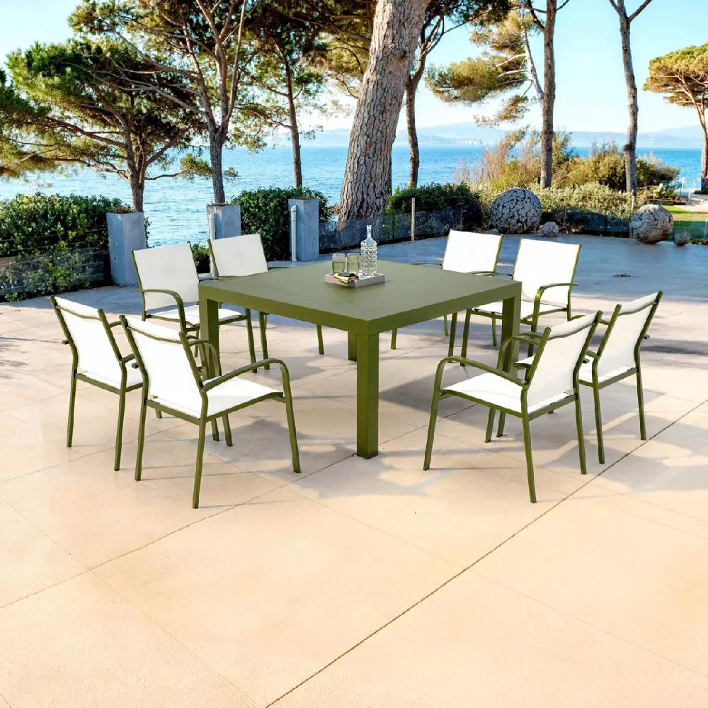 eminza Table de jardin carrée aluminium 8 places (136 x 136 cm) Murano Vert olive