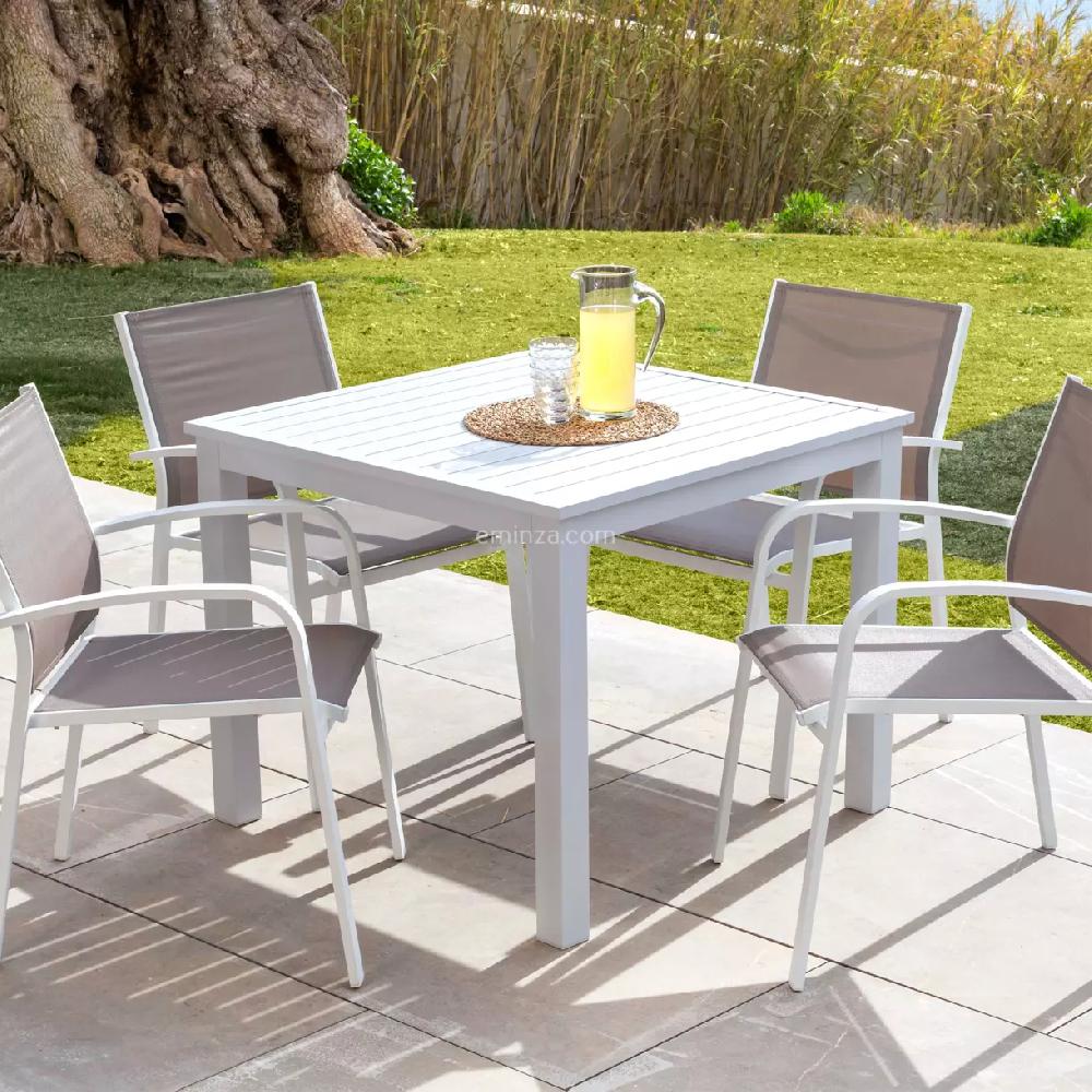 eminza Table de jardin carrée en aluminium 4 places (89 x 89 cm) Murano Blanc