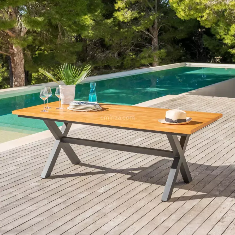 Eminza Table De Jardin En Aluminium Et Bois Teck 8 Places (200 X 100 Cm) Bali Gris Anthracite