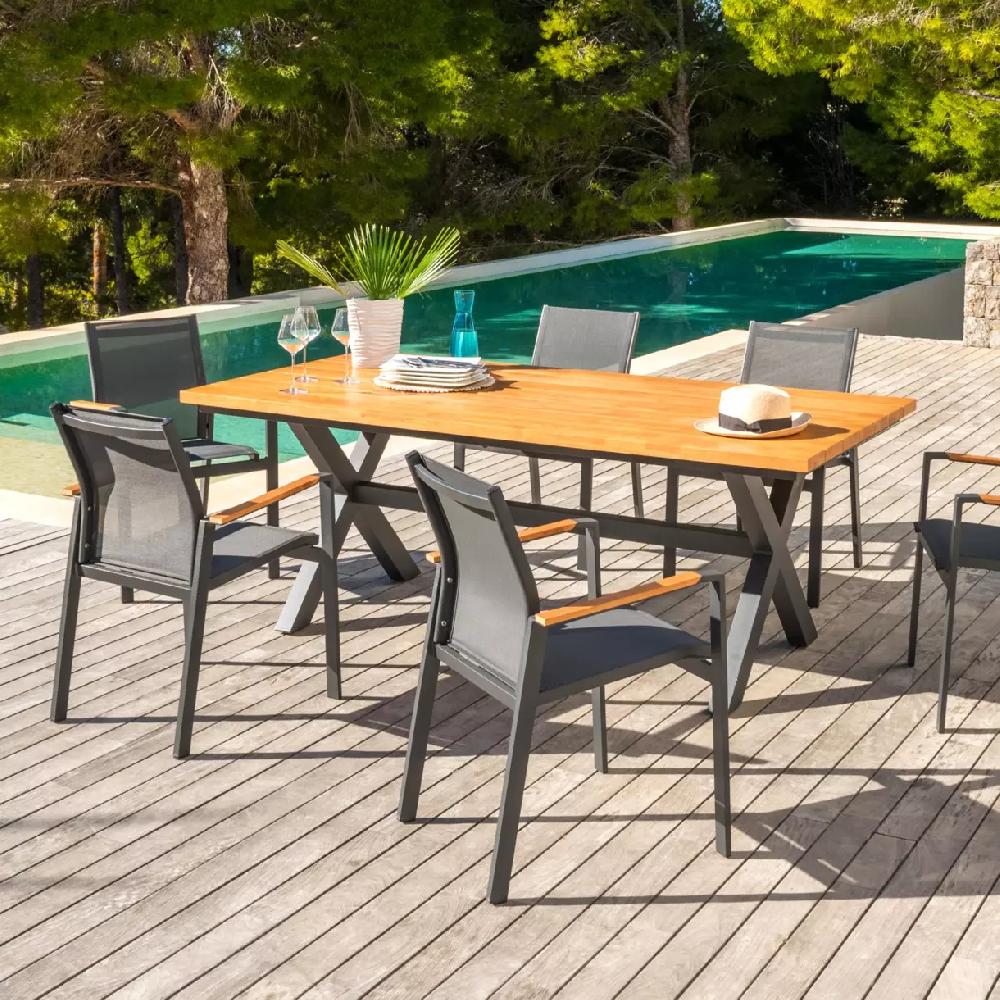 eminza Table de jardin en aluminium et bois teck 8 places (200 x 100 cm) Bali Gris anthracite