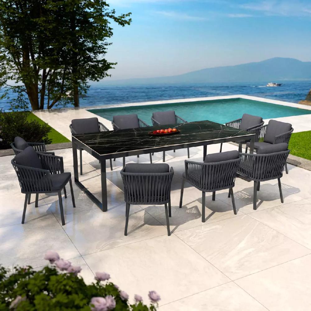 eminza Table de jardin en aluminium et céramique 10 places (240 x 120 cm) Kore Noir marbré