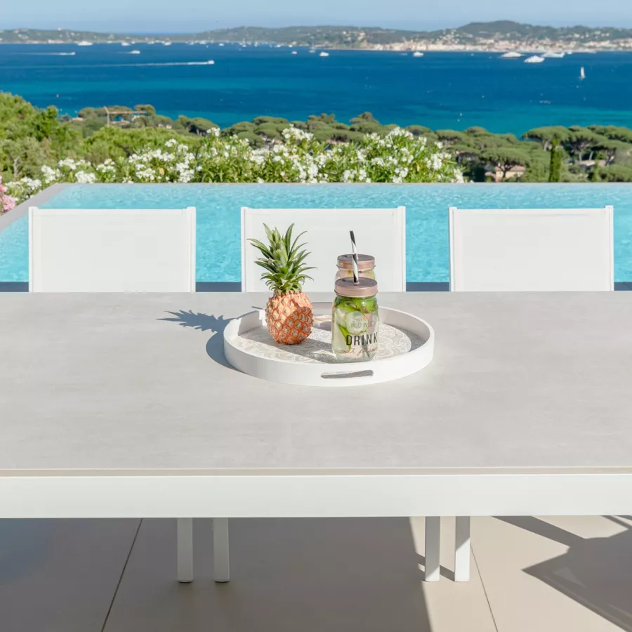 Eminza Table De Jardin En Aluminium Et Céramique 8 Places (180 X 90 Cm) Kore Blanc Et Gris Clair
