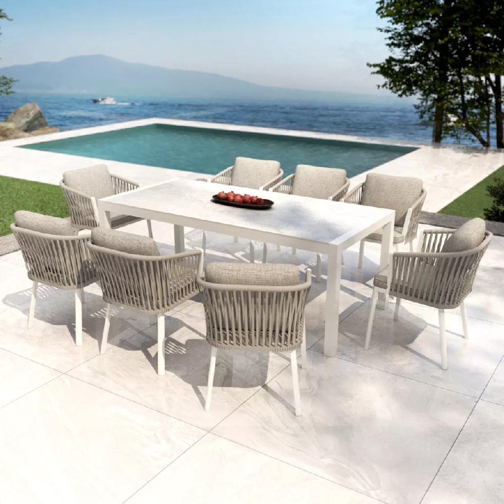 eminza Table de jardin en aluminium et céramique 8 places (180 x 90 cm) Modena Blanc