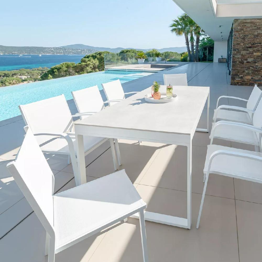 eminza Table de jardin en aluminium et céramique 8 places (180 x 90 cm) Kore Blanc et gris clair