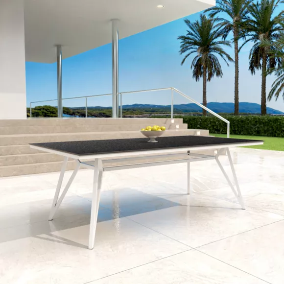 Eminza Table De Jardin En Aluminium Et HPL 10 Places (220 X 115 Cm) Biarritz Effet Pierre Gris Anthracite Et Blanc
