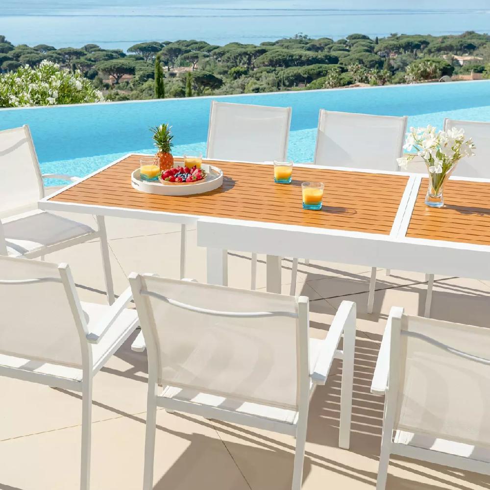 eminza Table de jardin extensible en aluminium 10 places effet bois (135/270 x 90 cm) Murano Blanc