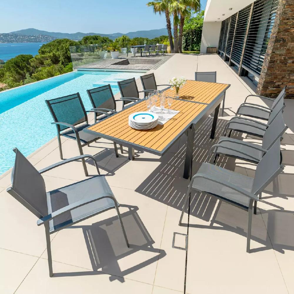 eminza Table de jardin extensible en aluminium 10 places effet bois (135/270 x 90 cm) Murano Gris anthracite