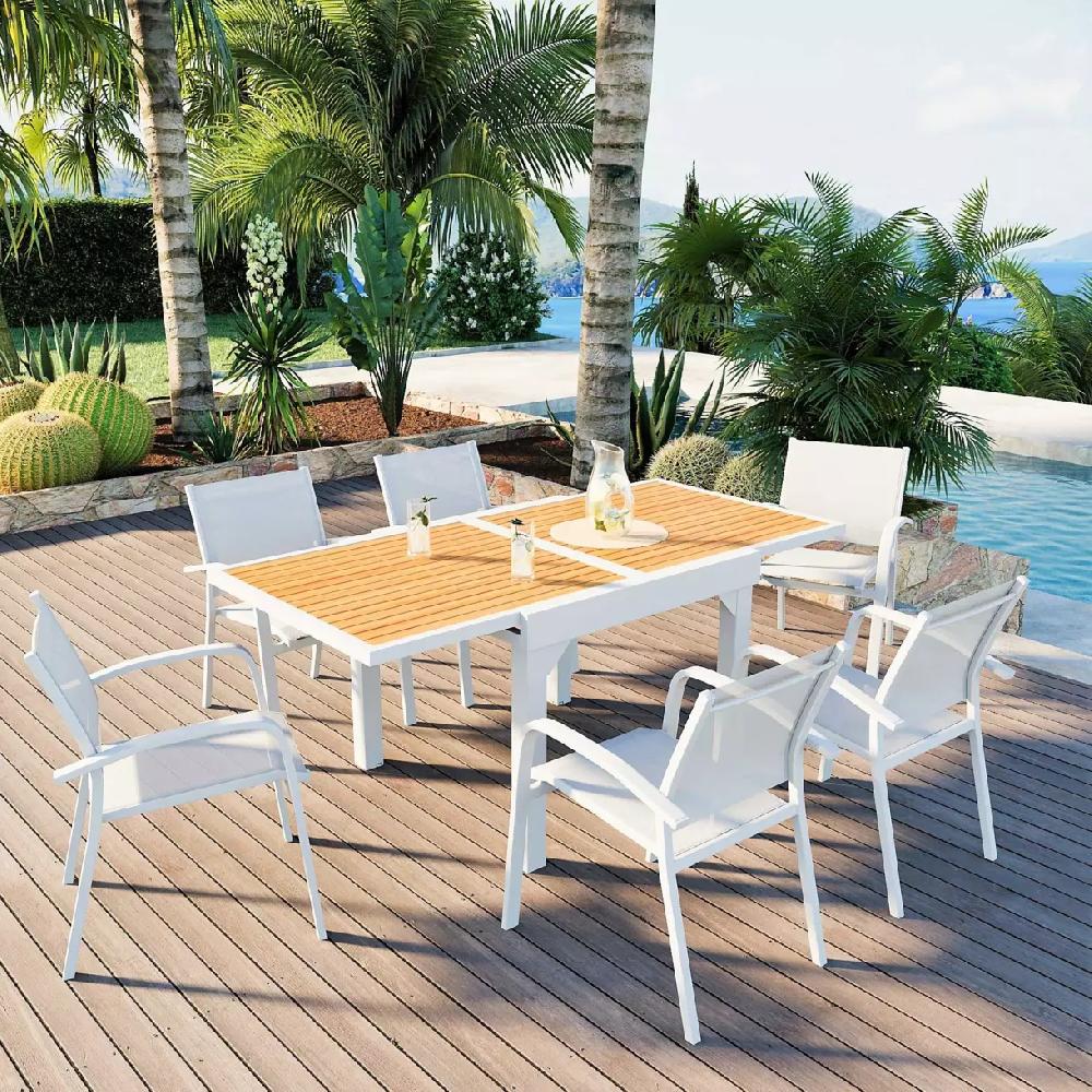 eminza Table de jardin extensible en aluminium 8 places effet bois (90/180 x 90 cm) Murano Blanc