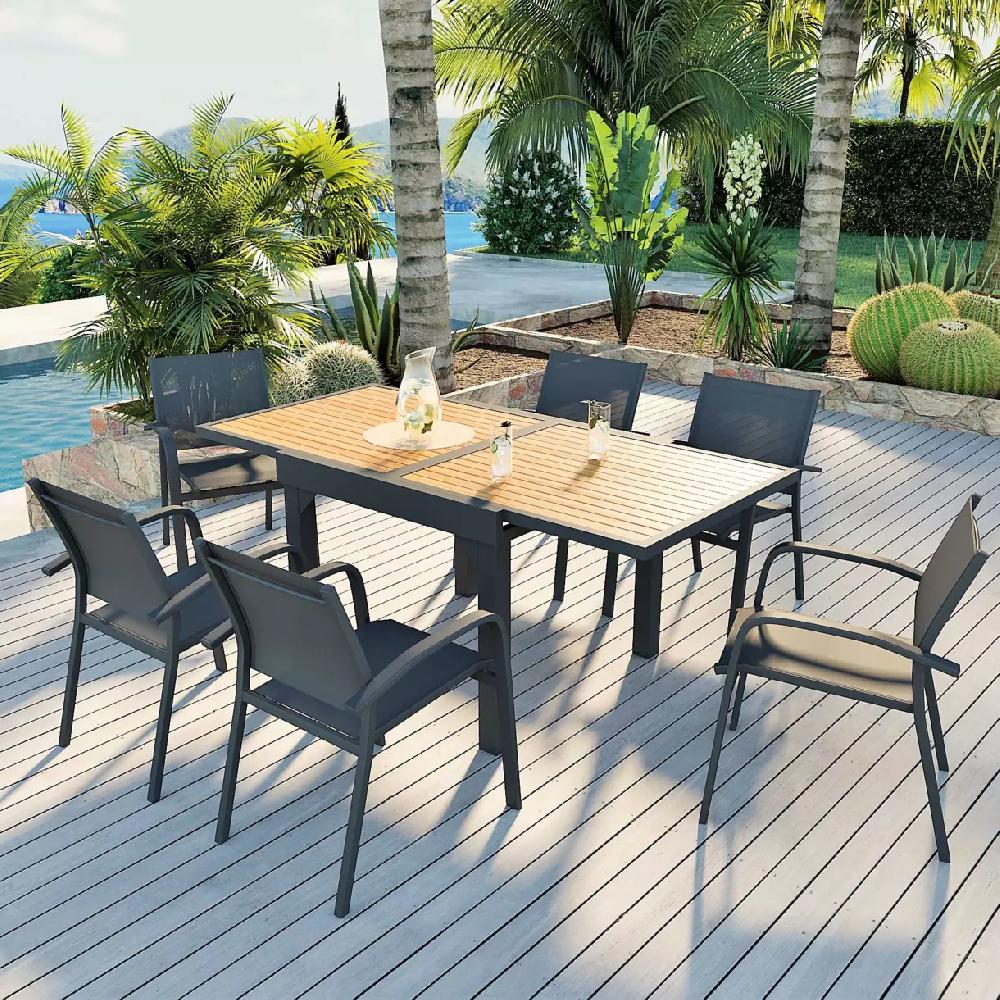 eminza Table de jardin extensible en aluminium 8 places effet bois (90/180 x 90 cm) Murano Gris anthracite